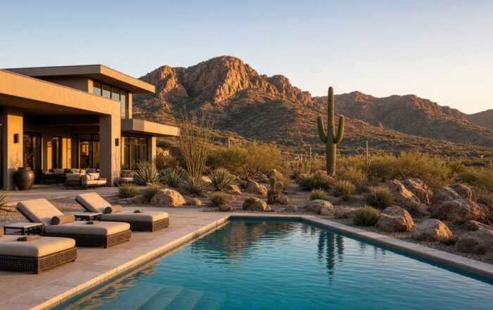 Empty desert pool villa in Scottsdale at late afternoon