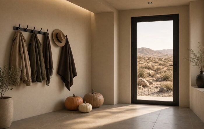 Entryway costume hooks | Hot Party Stripper Halloween costumes hanging in a Scottsdale home entryway