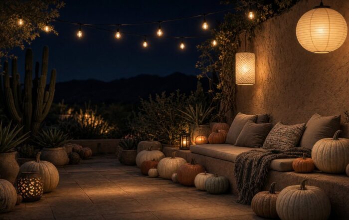 Pumpkins and lanterns on a Scottsdale patio at night