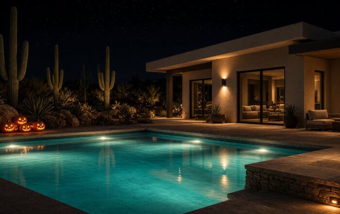 Lit desert villa pool in Scottsdale on a Halloween night