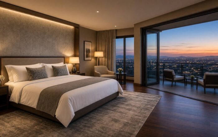 Suite interior at balcony hour | Hot Party Stripper Scottsdale hotel suite opening to a balcony at dusk