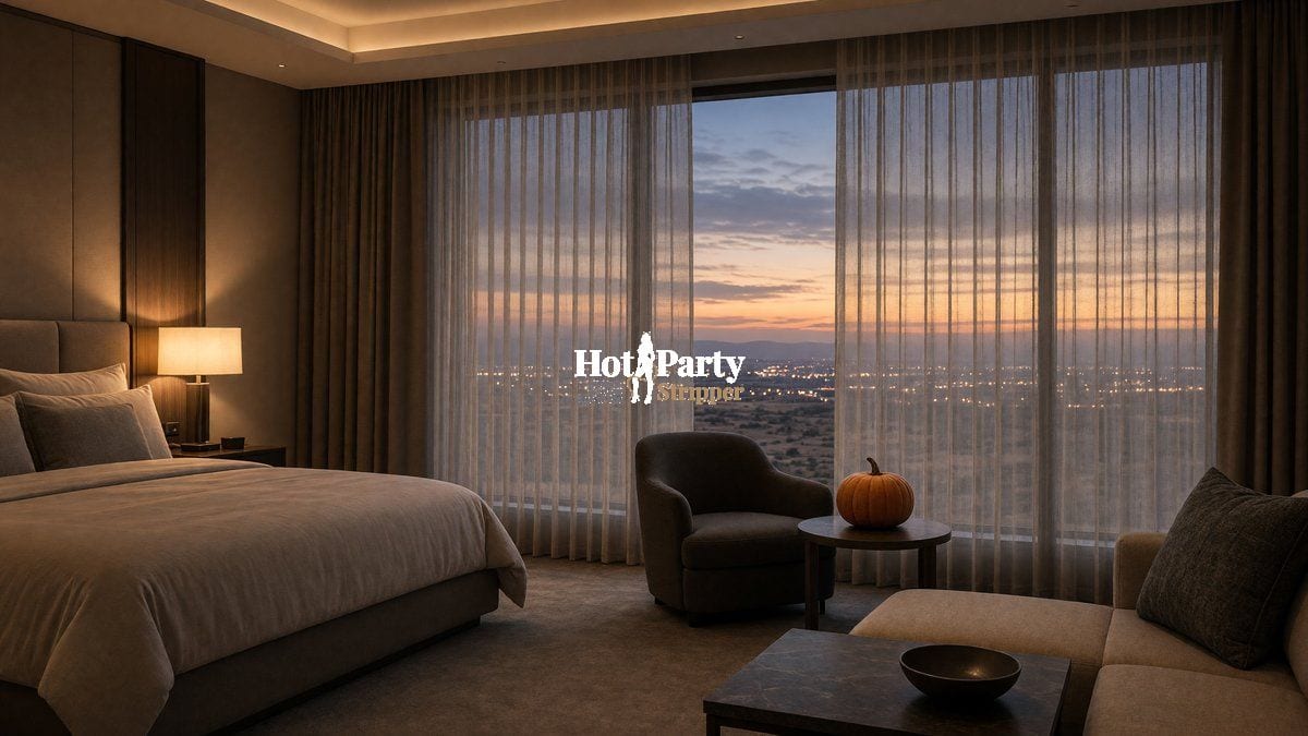 Scottsdale hotel suite in the evening with a small pumpkin on a table