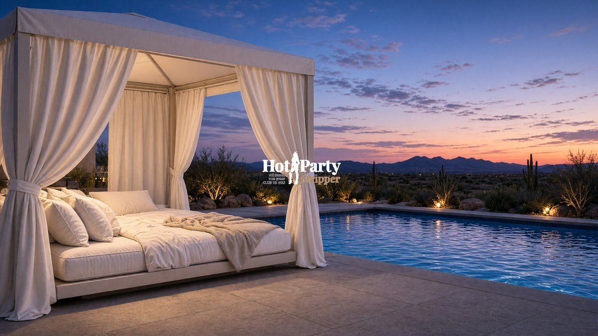 Pool cabana at dusk at a Scottsdale villa in October