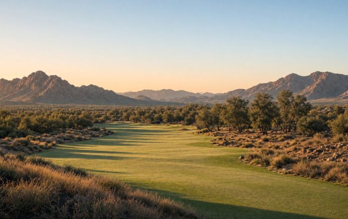 Desert golf fairway in Scottsdale with mountains in October light