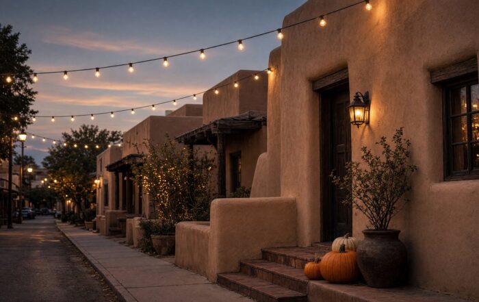 Old Town dusk in October | Hot Party Stripper Empty Old Town Scottsdale street at dusk with Halloween string lights