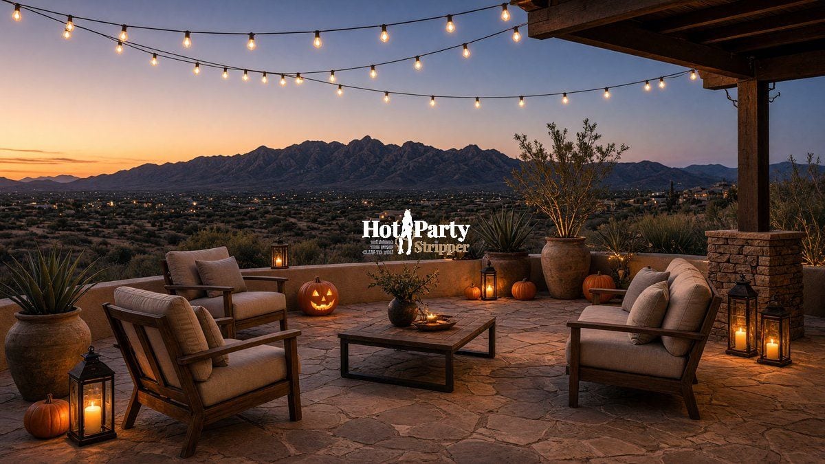 String lights over a Scottsdale villa patio on an October evening