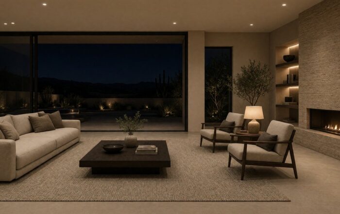 Cleared Scottsdale living room at night ready for Halloween guests