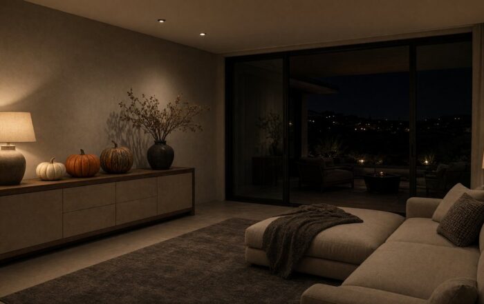 Rental living room at night | Hot Party Stripper Desert-modern Scottsdale rental living room set for Halloween night