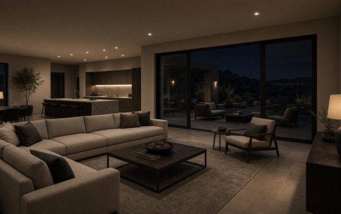 Upscale Scottsdale vacation-rental living room at night