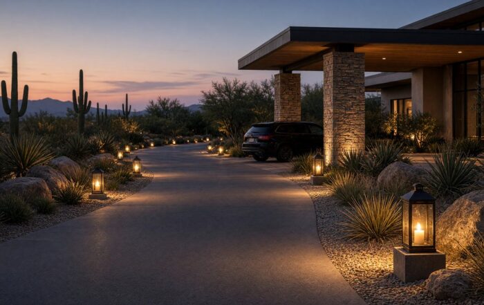 SUV arriving at a Scottsdale resort driveway at Halloween dusk