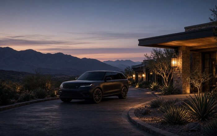 Dusk arrival at a desert driveway | Hot Party Stripper SUV in a Scottsdale resort driveway at dusk