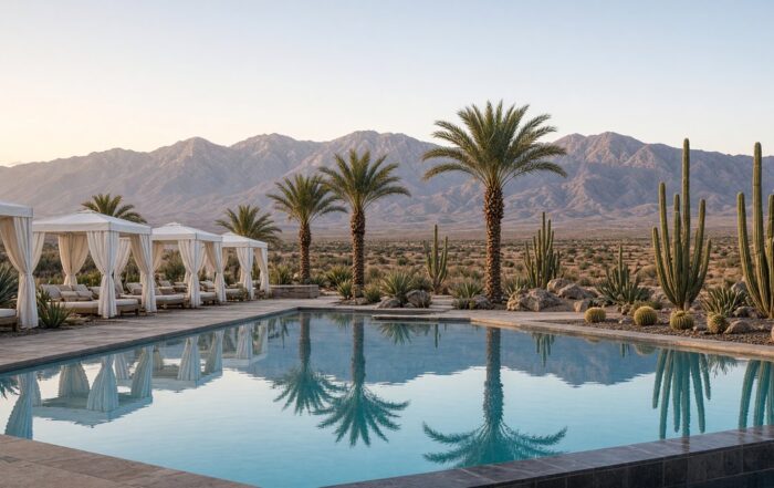 Quiet resort pool in morning light | Hot Party Stripper Morning resort pool in Scottsdale with mountains beyond