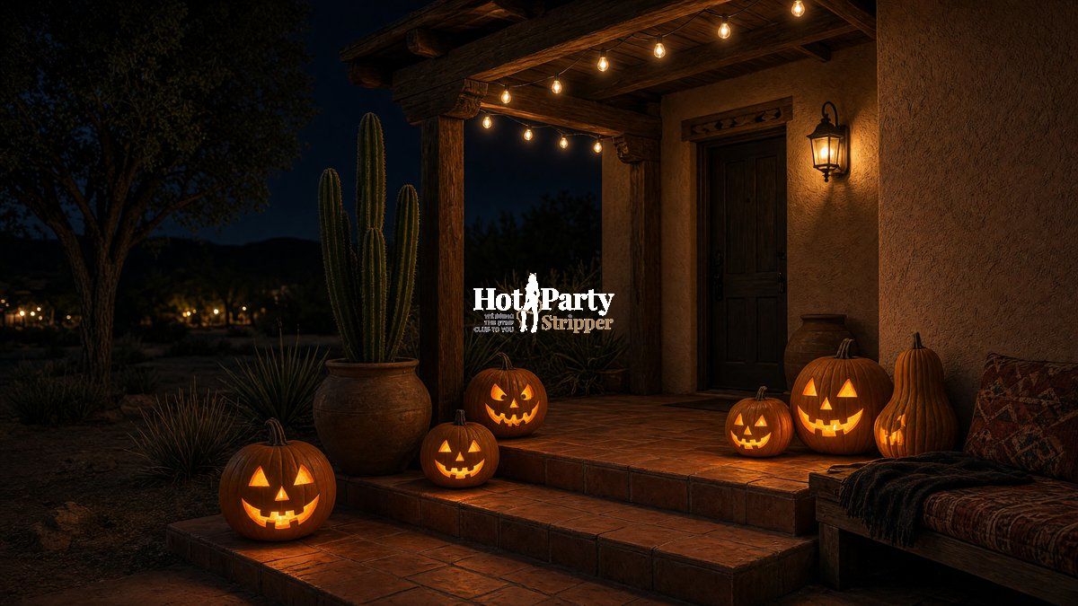 Jack-o-lanterns on a Southwest porch in Scottsdale at night