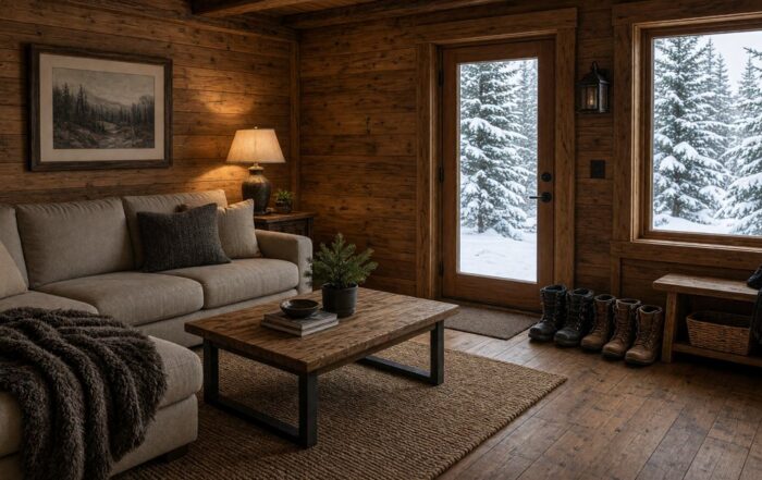 Ski-house living room with boots by the door