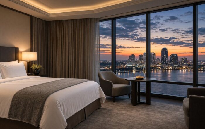 Bachelorette suite with bay glow | Hot Party Stripper Hotel suite at dusk with a Tampa Bay skyline view