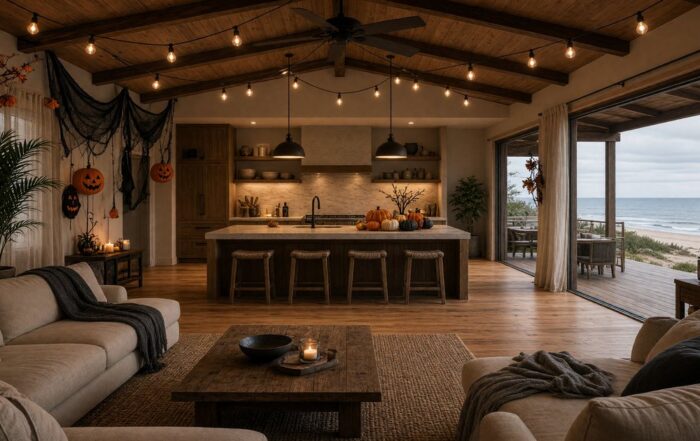 Open Tampa Bay beach-house living room set for Halloween
