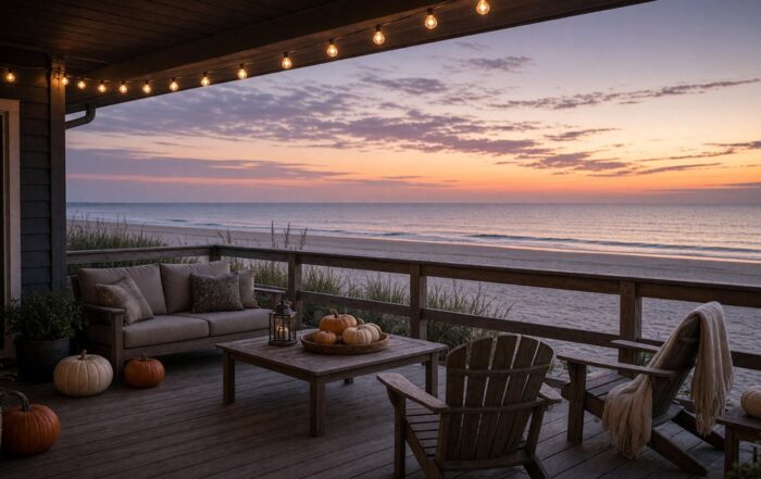 Halloween lights on a Tampa Bay beach rental deck