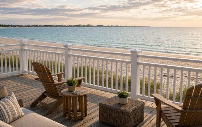 Gulf-front rental deck near Tampa Bay at golden hour