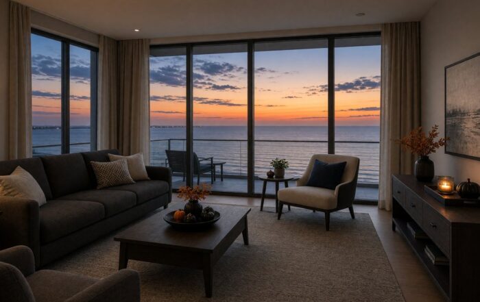 Clearwater Beach condo living room with a Tampa Bay Gulf view at dusk