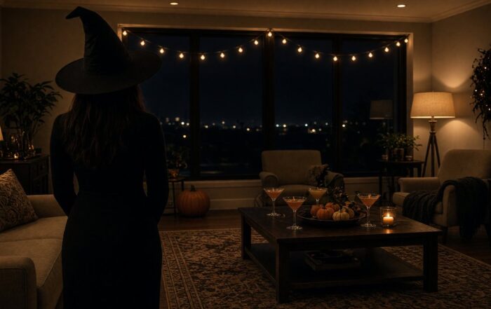 Woman in a witch hat at a Tampa Halloween house party