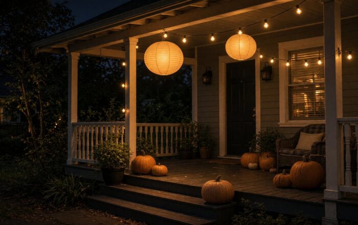 Tampa porch with pumpkins and lanterns at night