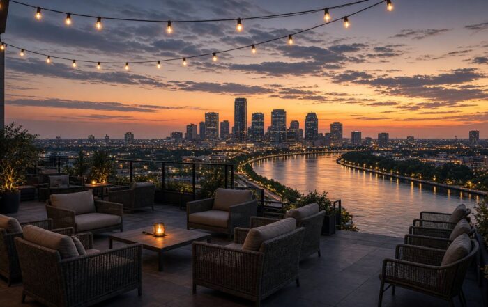 Rooftop at dusk overlooking downtown Tampa