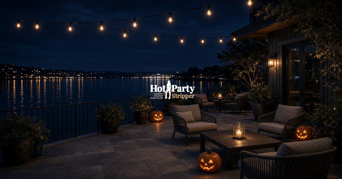 Bay-front patio string lights for a Sarasota Halloween night