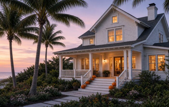 Beach house at dusk with Halloween pumpkins near Tampa Bay's southern coast