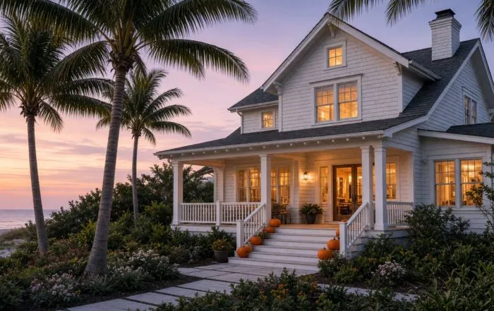 Siesta Key Halloween beach house | Hot Party Stripper Beach house at dusk with Halloween pumpkins near Tampa Bay's southern coast