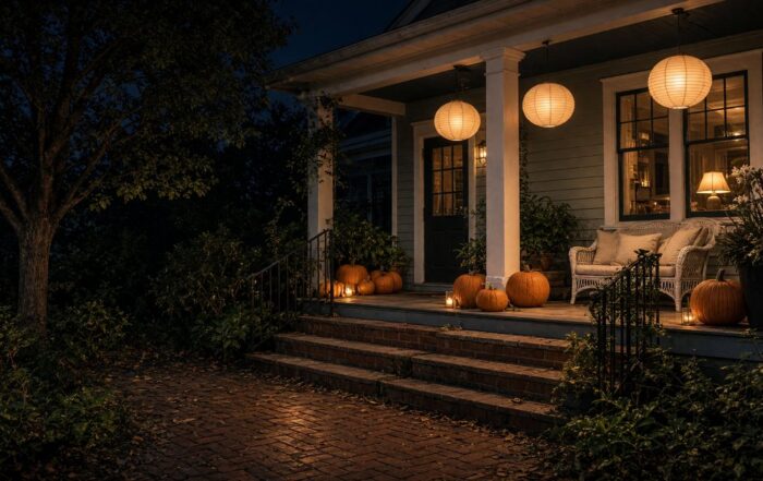 St. Pete Halloween bungalow porch | Hot Party Stripper Halloween porch lanterns on a Tampa Bay bungalow in St. Pete