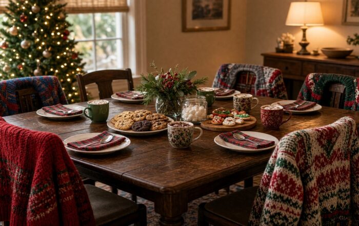 Ugly sweaters on chairs at a Tampa holiday table