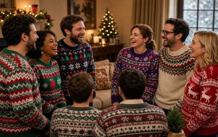 Friends in ugly sweaters laughing together