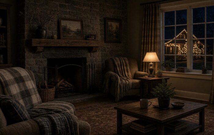Upstate living room with window holiday lights