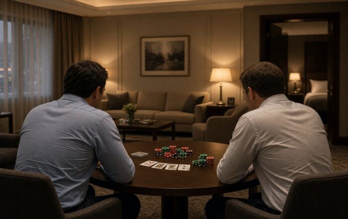 Two men playing cards in a hotel suite
