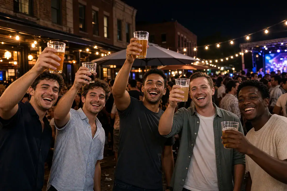 Group of friends on a night out in Kansas City's bar district