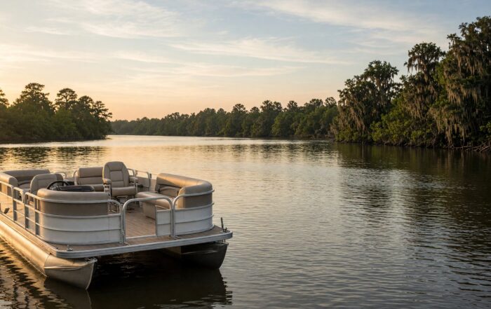 Empty pontoon boat on a calm lake in late afternoon light
