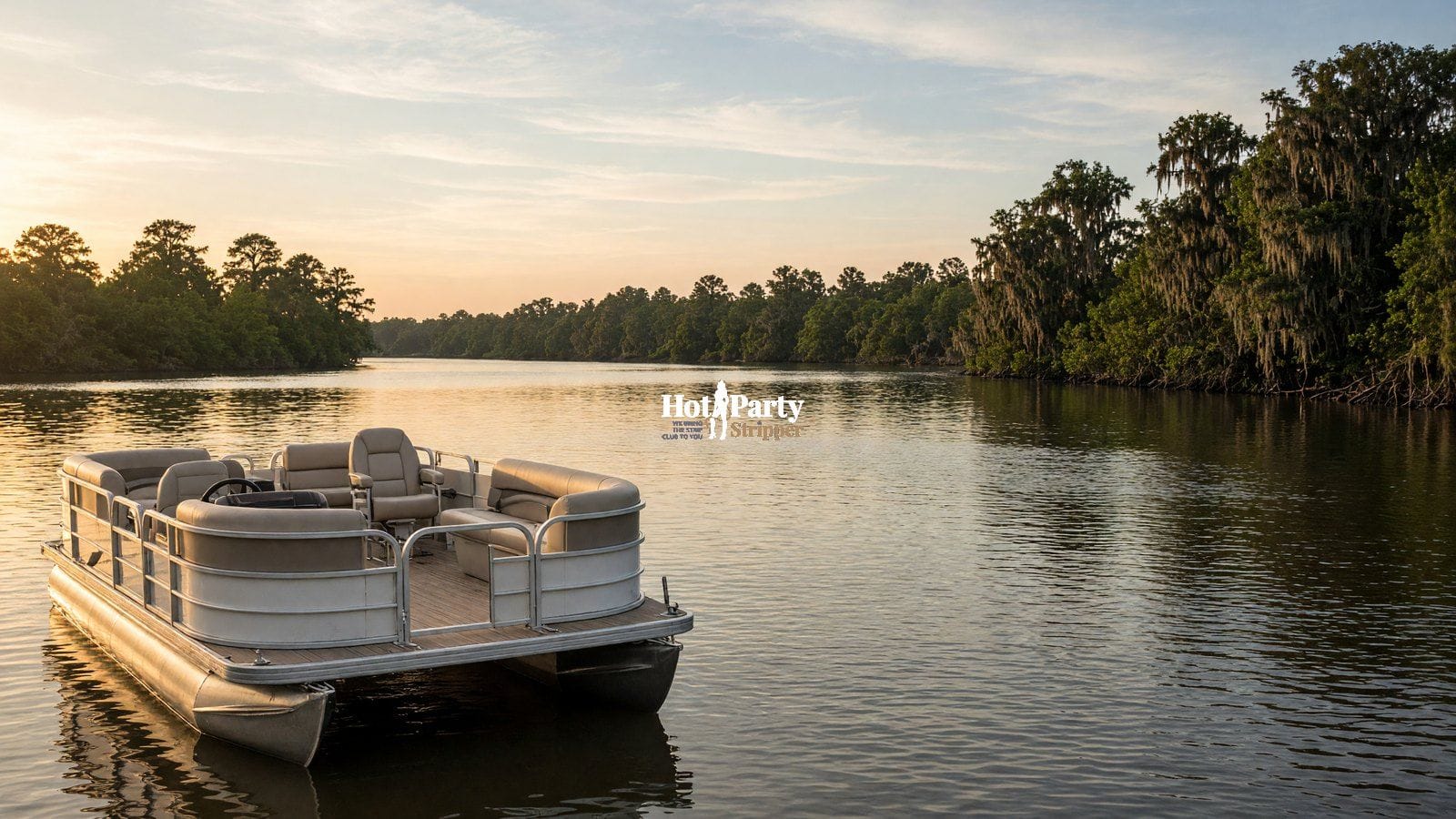 Empty pontoon boat on a calm lake in late afternoon light
