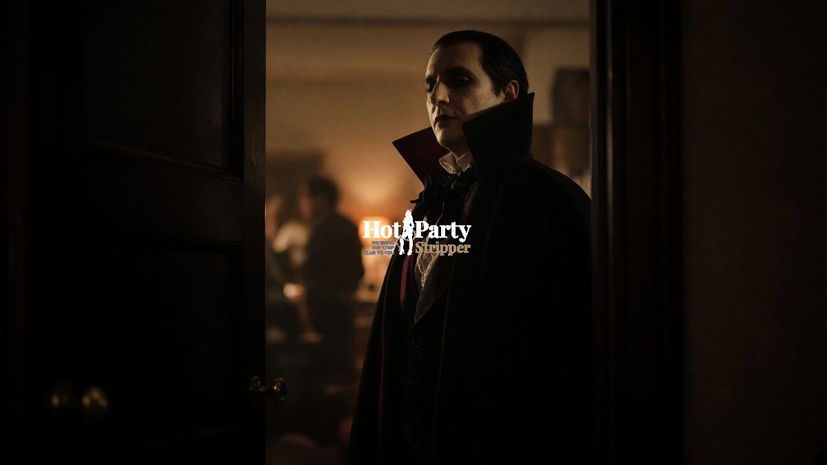 Cloaked entertainer, a Hot Party Stripper performer, standing in a doorway at a dim Halloween party