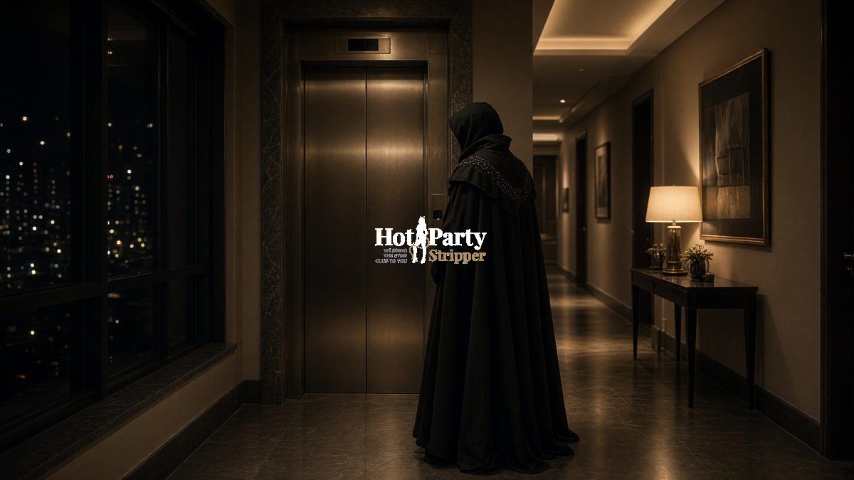 Costumed entertainer, a private-party performer, waiting in a condo hallway by closed elevator doors