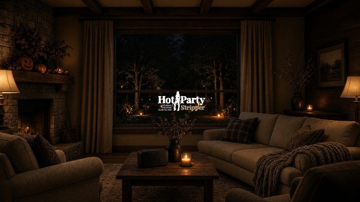 Ranch living room, a wide suburban interior, waiting with sofas and a dark yard beyond the window
