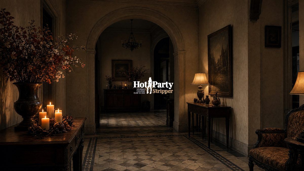 Historic interior, a tiled hallway with an arch, waiting with lamps and candles on a sideboard