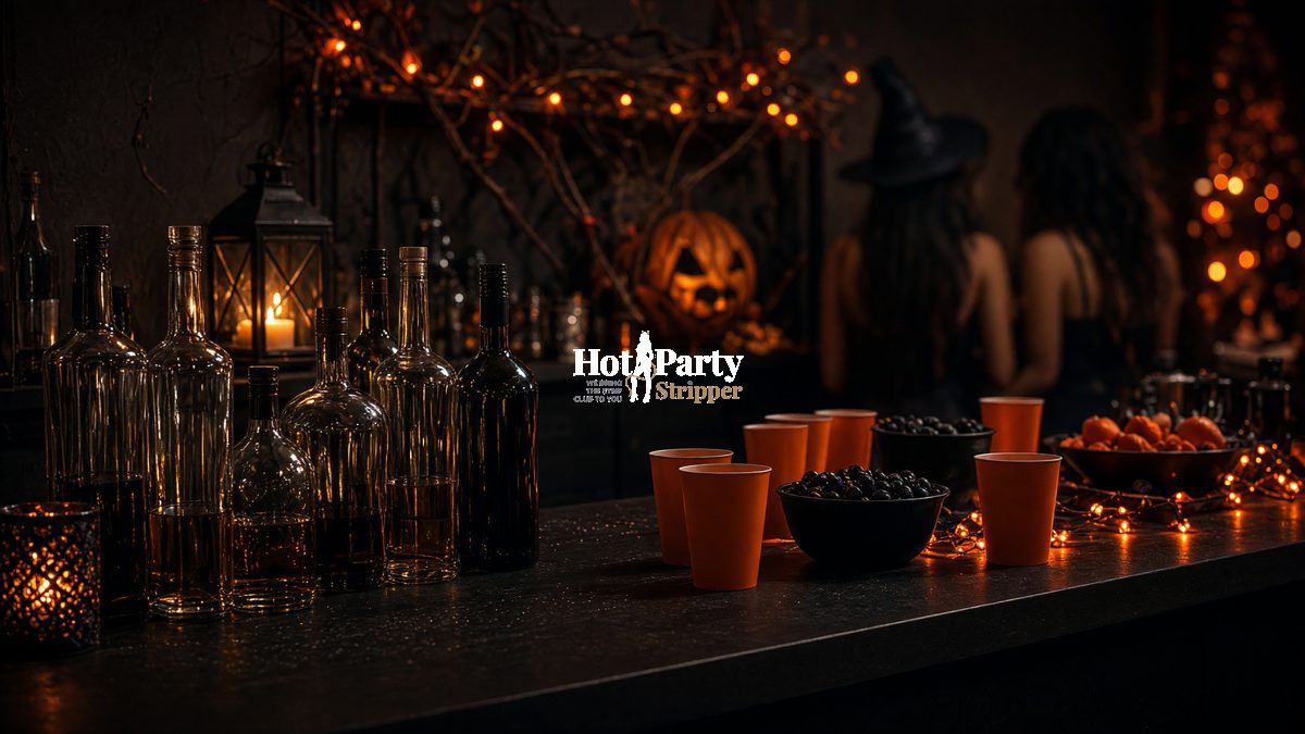 Bar setup, a private Halloween station, waiting with bottles and cups on a home counter