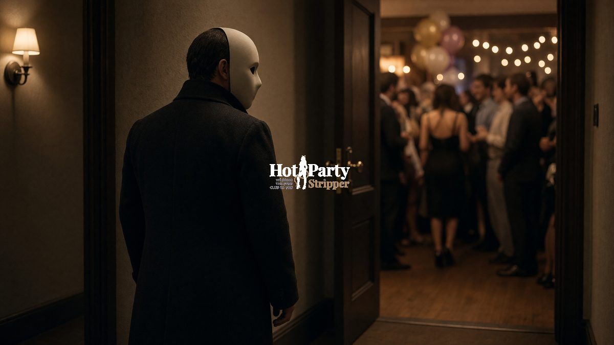 Little-person entertainer, a Hot Party Stripper performer, standing in a doorway in a generic horror-doll costume