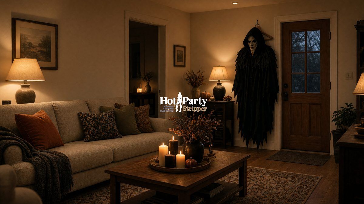 House living room, a private Halloween setup, waiting with a sofa and a costume on a hanger