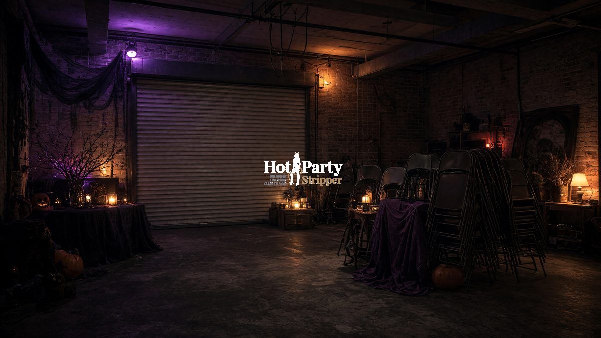 Warehouse loft, an empty industrial party room, waiting with a closed roll-up door