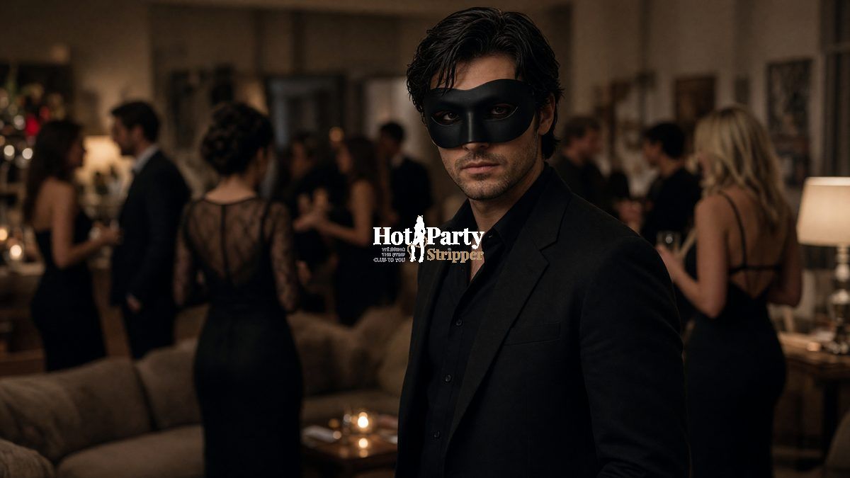 Masked entertainer, a Hot Party Stripper performer, standing in a living room at a South Florida Halloween party