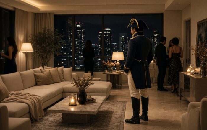 Costumed entertainer, a private-party performer, standing in a high-rise living room with face turned