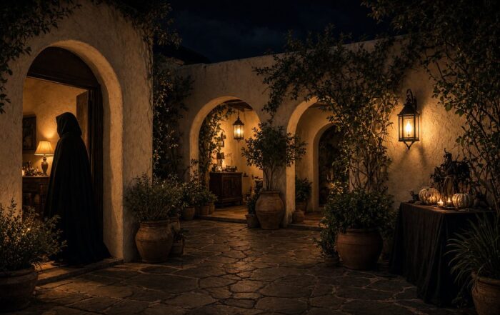 Cloaked entertainer a private-party performer standing in a stucco courtyard doorway | Hot Party Stripper | Hot Party Stripper Cloaked entertainer, a private-party performer, standing in a stucco courtyard doorway