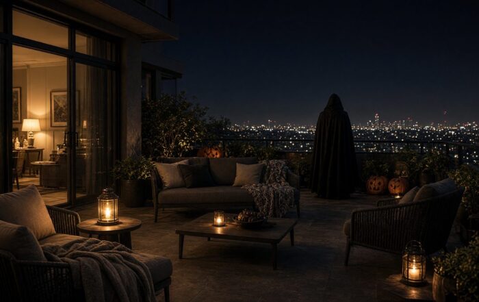 Cloaked figure, a private-party performer, standing on a rooftop terrace at night
