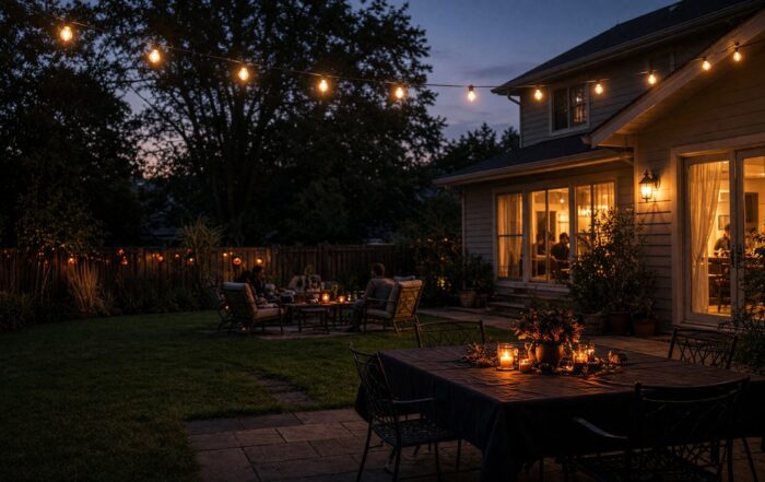 Backyard patio a private Halloween setup waiting under string lights at dusk | Hot Party Stripper | Hot Party Stripper Backyard patio, a private Halloween setup, waiting under string lights at dusk